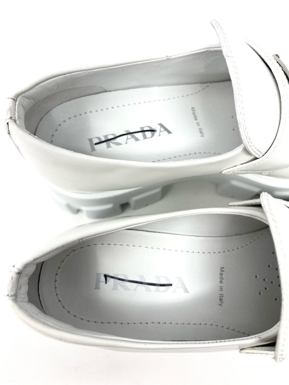 NEW Prada Monolith Triangle Logo White Leather Loafers Heels Chunky 39.5 9.5 - Picture 12 of 14